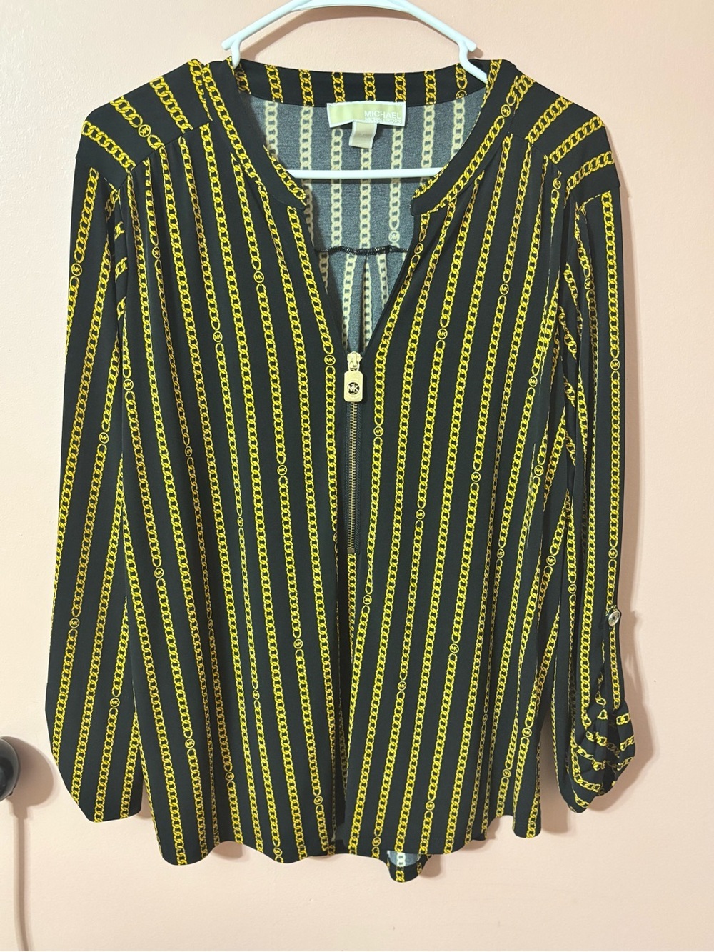 MICHAEL Michael Kors Black Button-Down Blouse with Yellow Chain Stripe